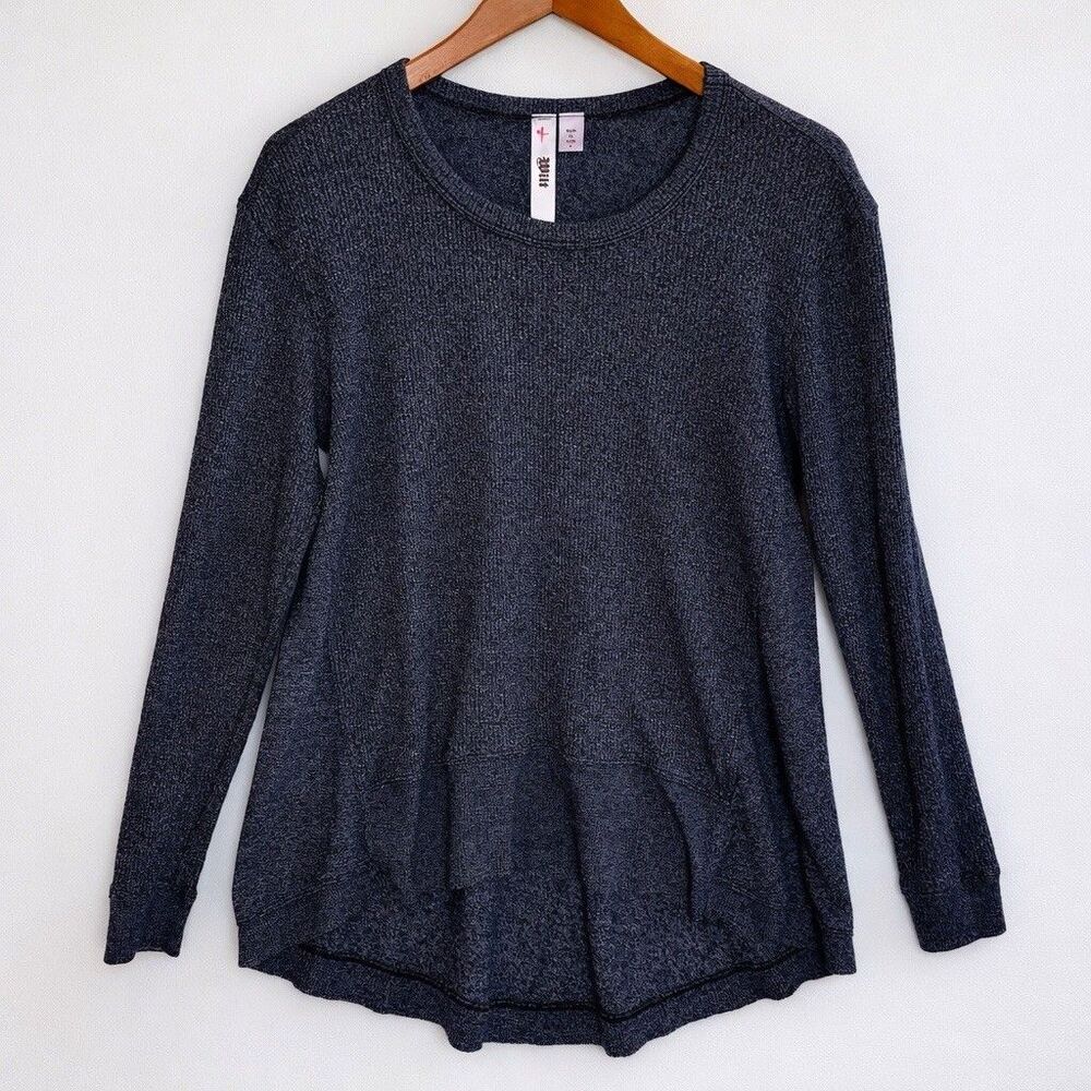 Wilt Navy Heathered Knit Top Small Made in USA Hi Low Hem Ribbed Long Sleeve